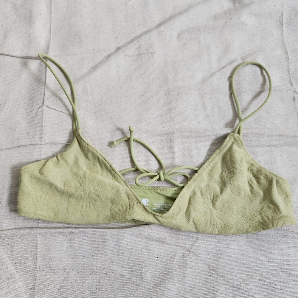 New Stone Fox Swim Olive Green Hibiscus Terry Cloth Tie Back Bikini Top M Medium